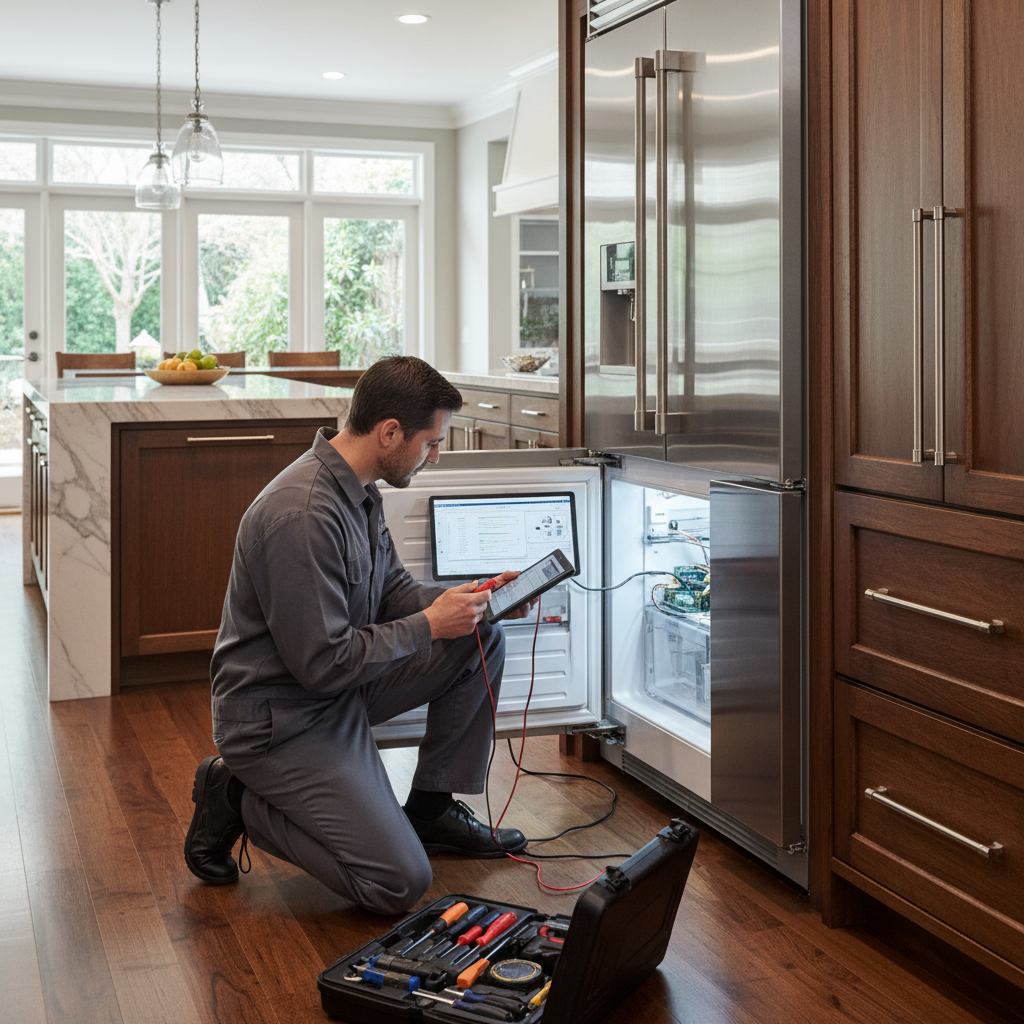 Technician diagnosing a premium built-in refrigerator